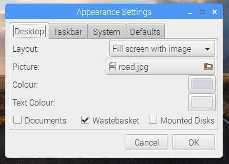 Screenshot of appearance settings application in Raspbian