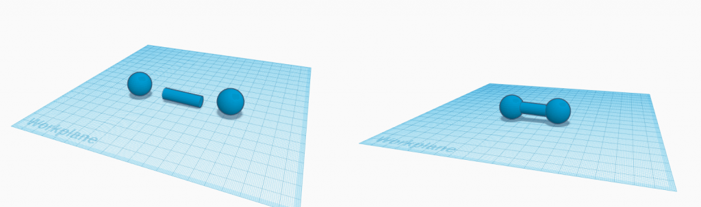 Constructive solid geometry in action during the construction of a dumbbell in Tinkercad