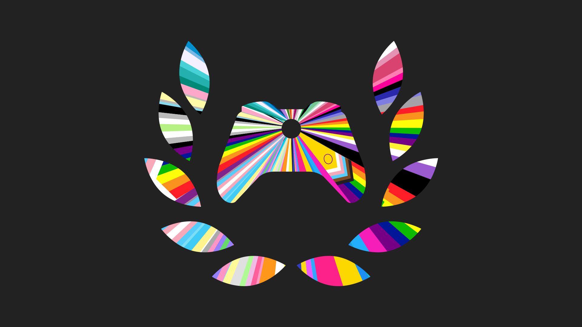 A logo of an Xbox controller surrounded by a laurel. Filling the logo are several LGBTQIA+ pride flags, expanding out from the middle of the logo.