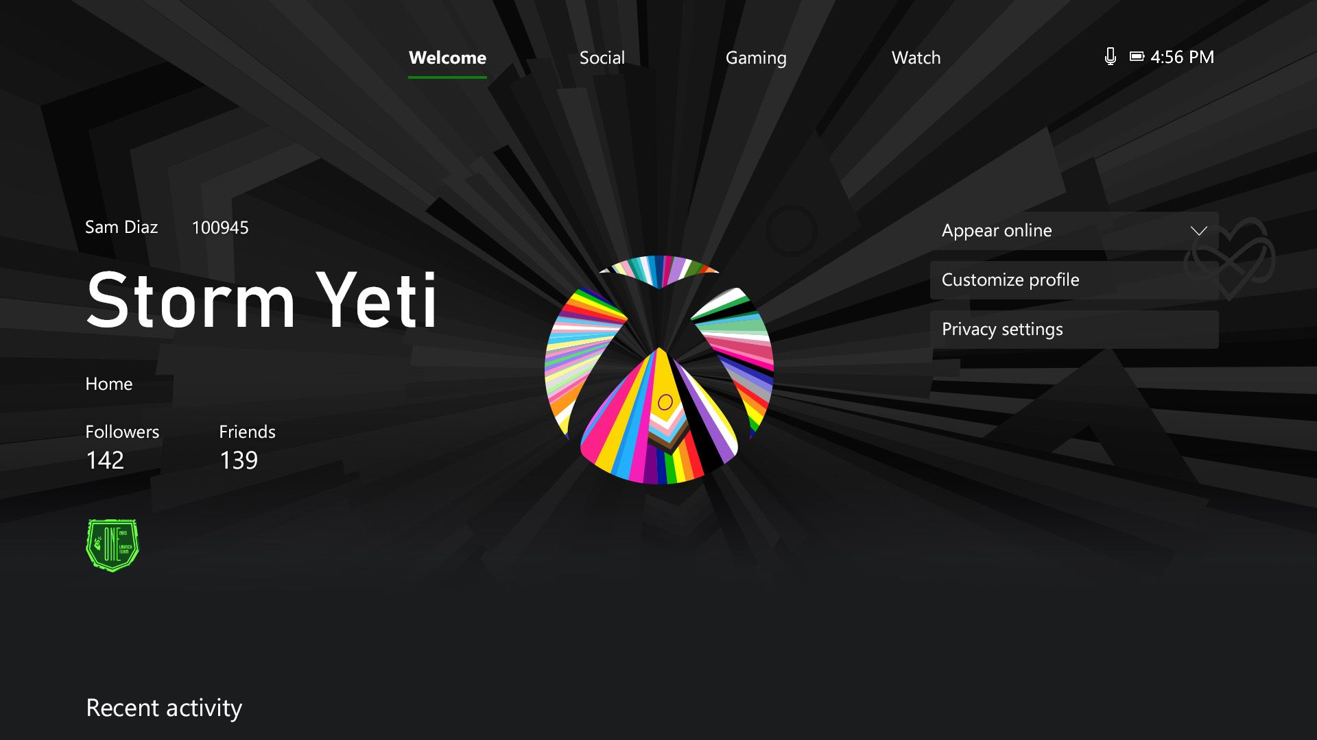 A screenshot of an Xbox profile using the Pride logo GamerPic and profile theme.