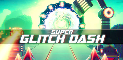 Super Glitch Dash mobile game image depicting a bright, neon green and purple entry portal into a Super Glitch Dash runner track