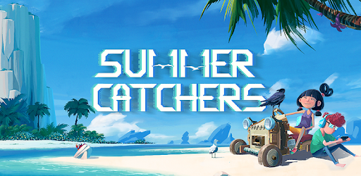 Summer Catchers mobile game image depicting characters - one female and one male - sitting in a make-shift vehicle on a desolate island beach with a white seagull and crow by their side.